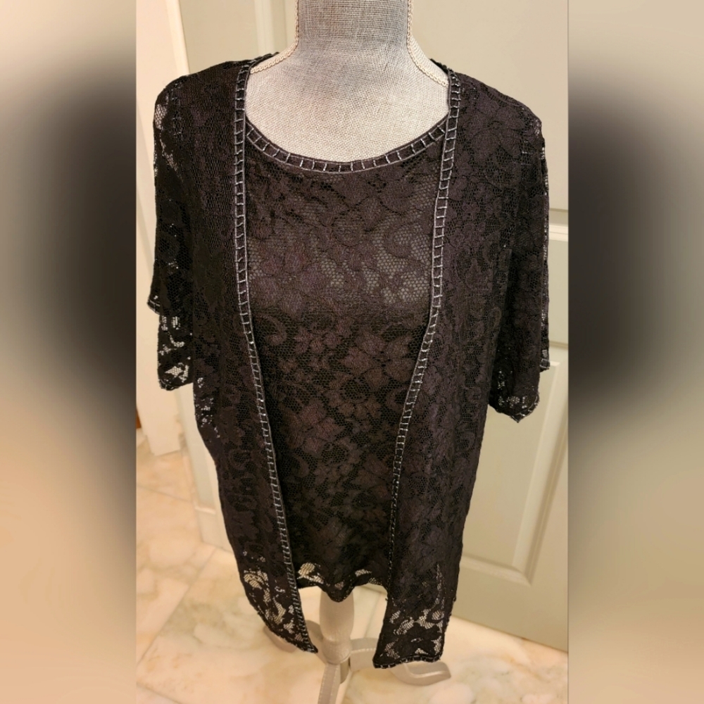 Investments Brand, Black Lace with Beading 2 Piece Jacket with Sleeveless Top